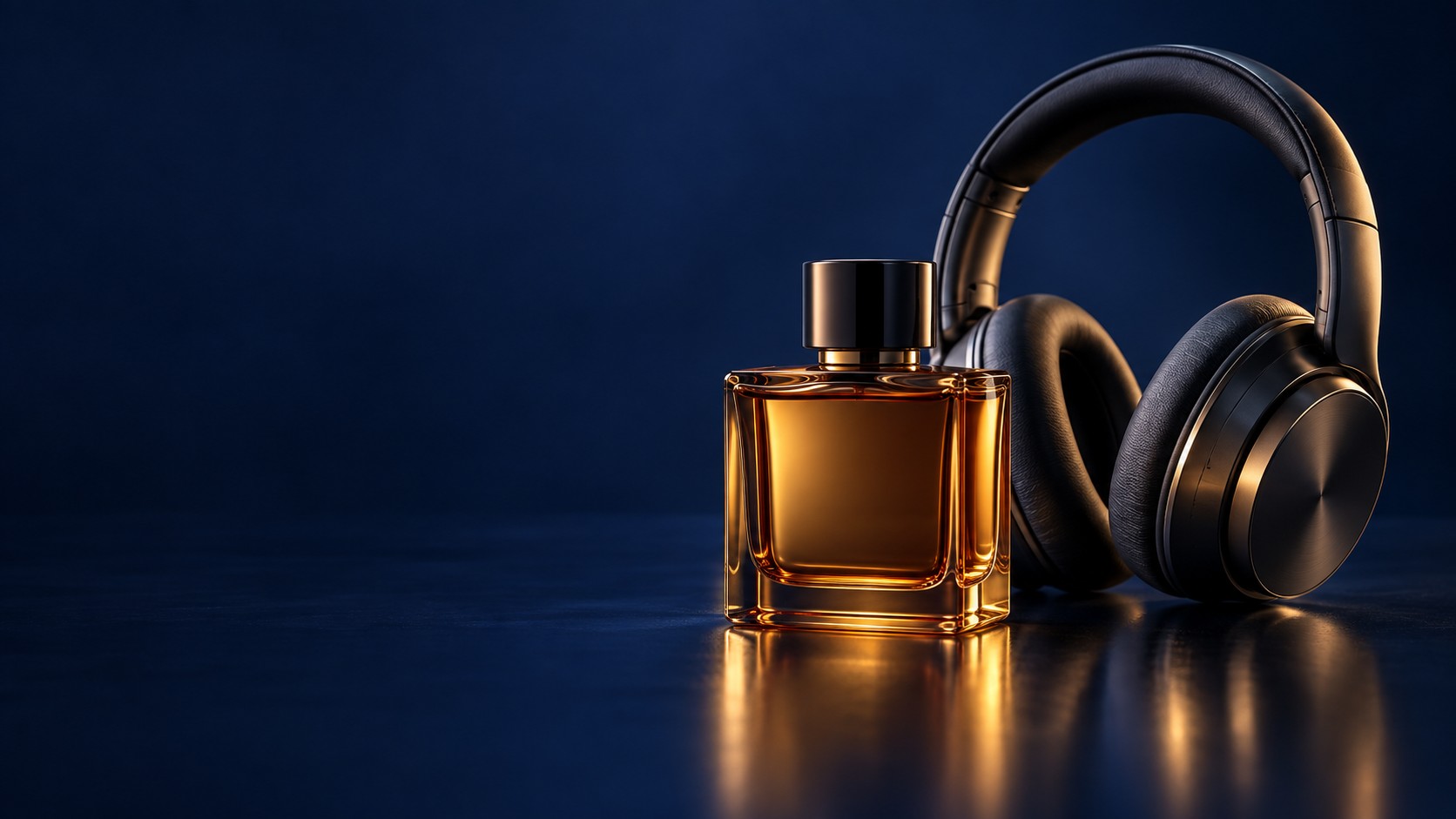 Composição ilustrativa de perfume e fones de ouvido
